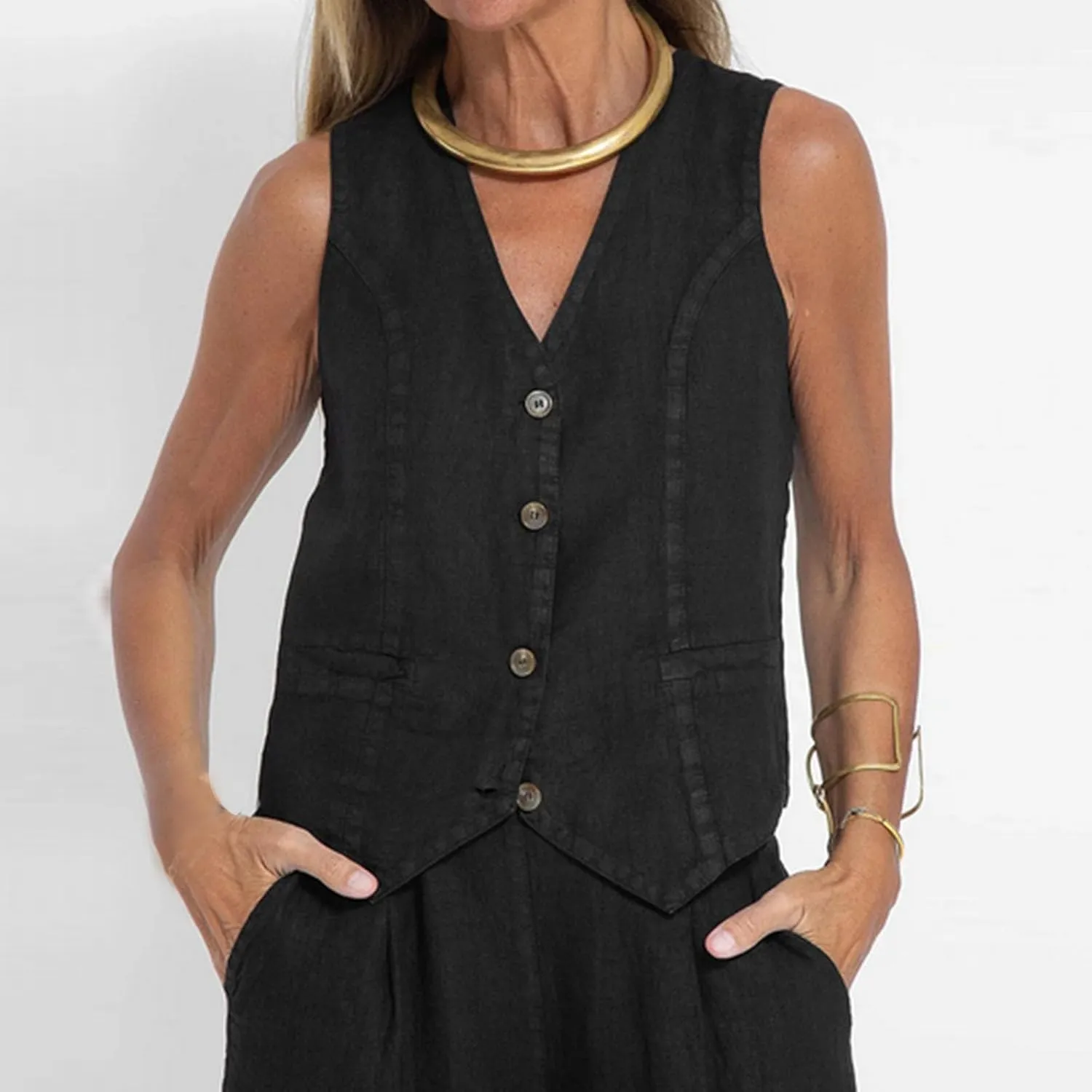 HGps8w Women's Cotton Linen 2 Piece Outfits Sleeveless V Neck Blazer Vest & High Waisted Pants Summer Business Work Sets