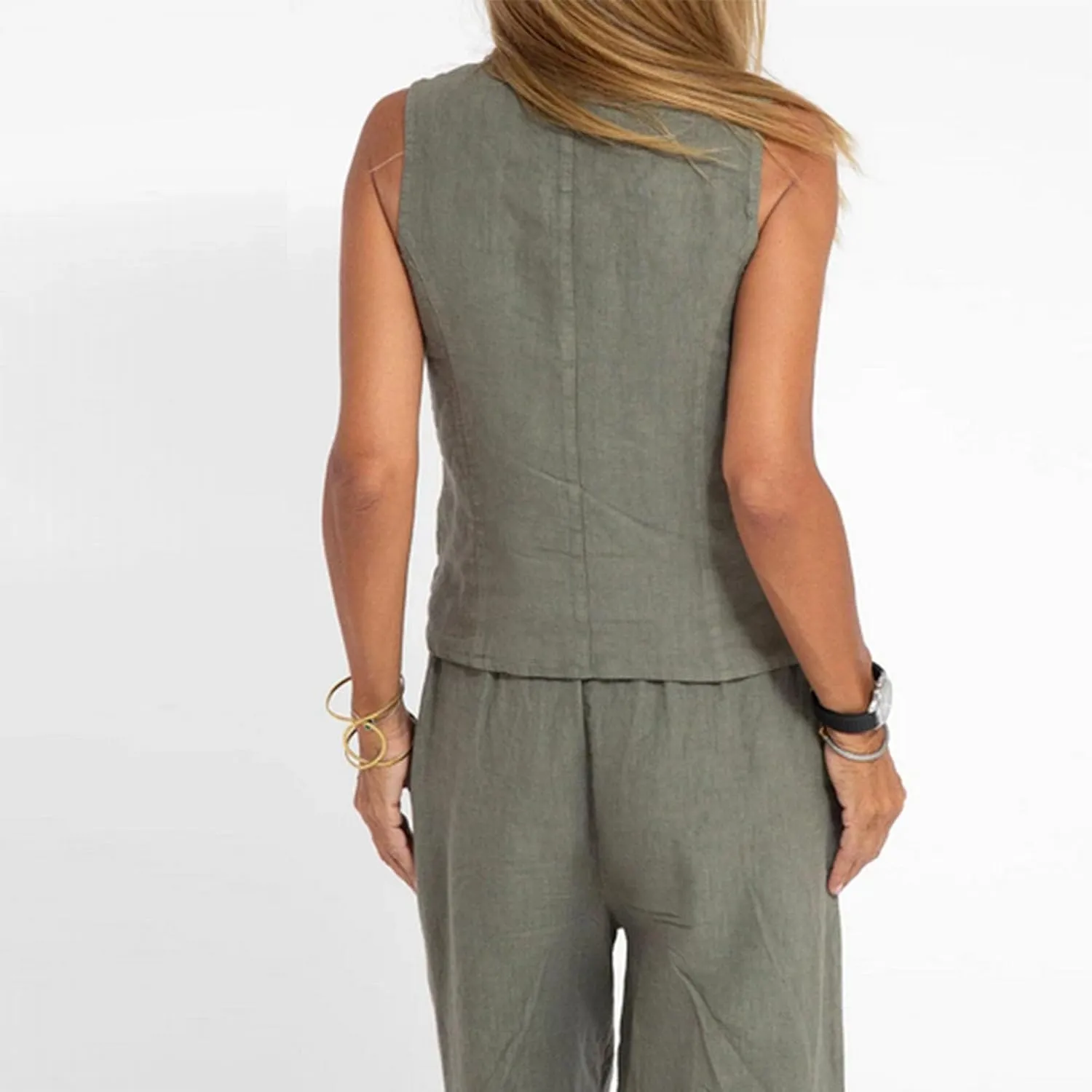 HGps8w Women's Cotton Linen 2 Piece Outfits Sleeveless V Neck Blazer Vest & High Waisted Pants Summer Business Work Sets