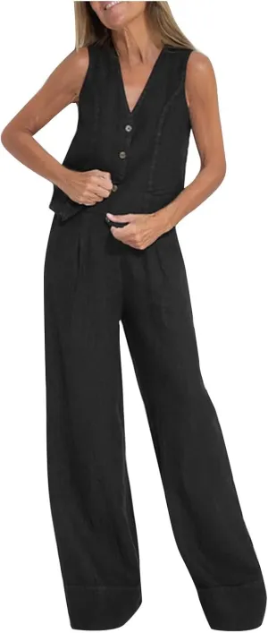 HGps8w Women's Cotton Linen 2 Piece Outfits Sleeveless V Neck Blazer Vest & High Waisted Pants Summer Business Work Sets