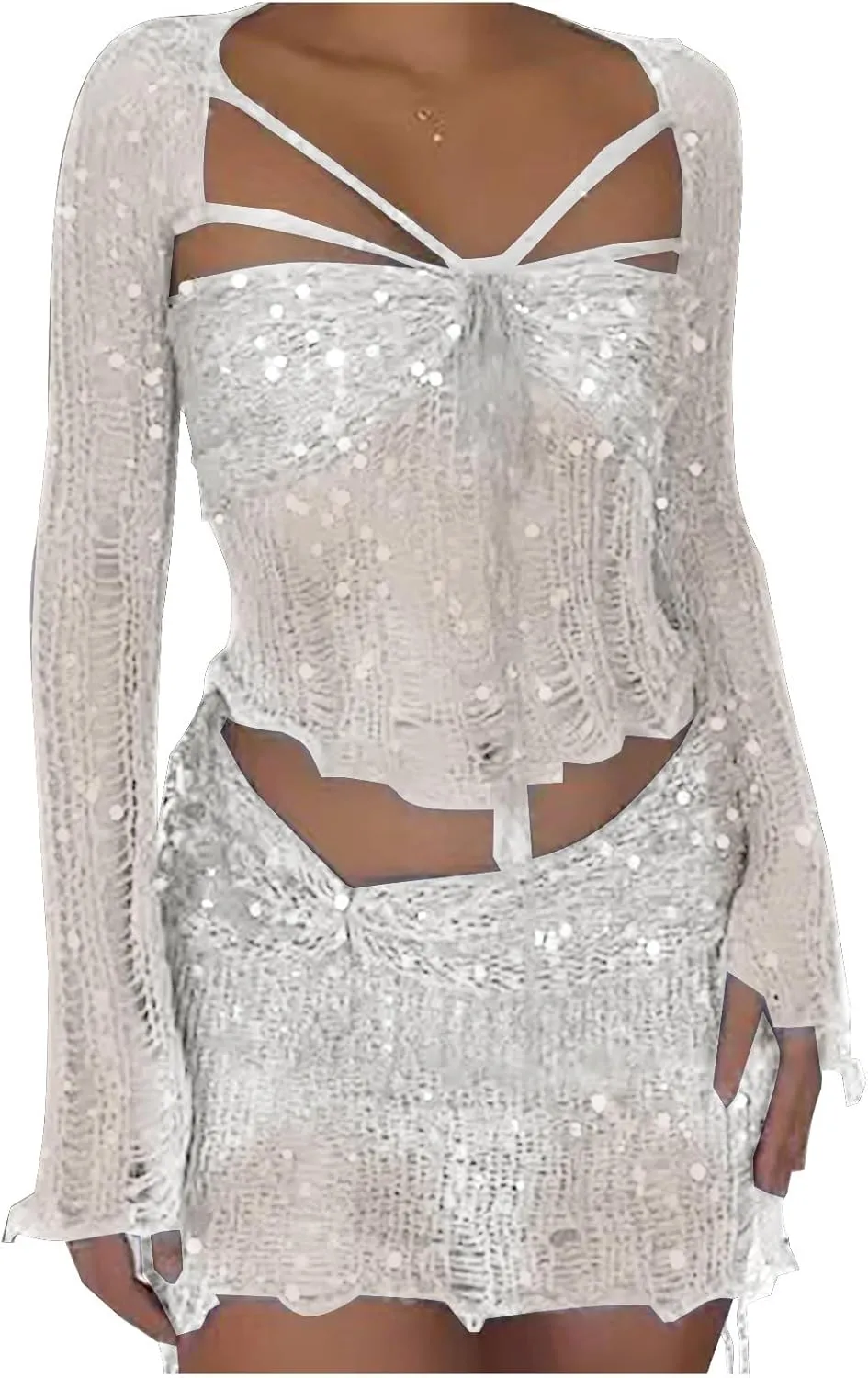 HGps8w Women's Crochet Knitted Two Piece Outfits, Sexy Hollow Out Sequins Crop Top and Mini Skirts Swimsuits Beachwear