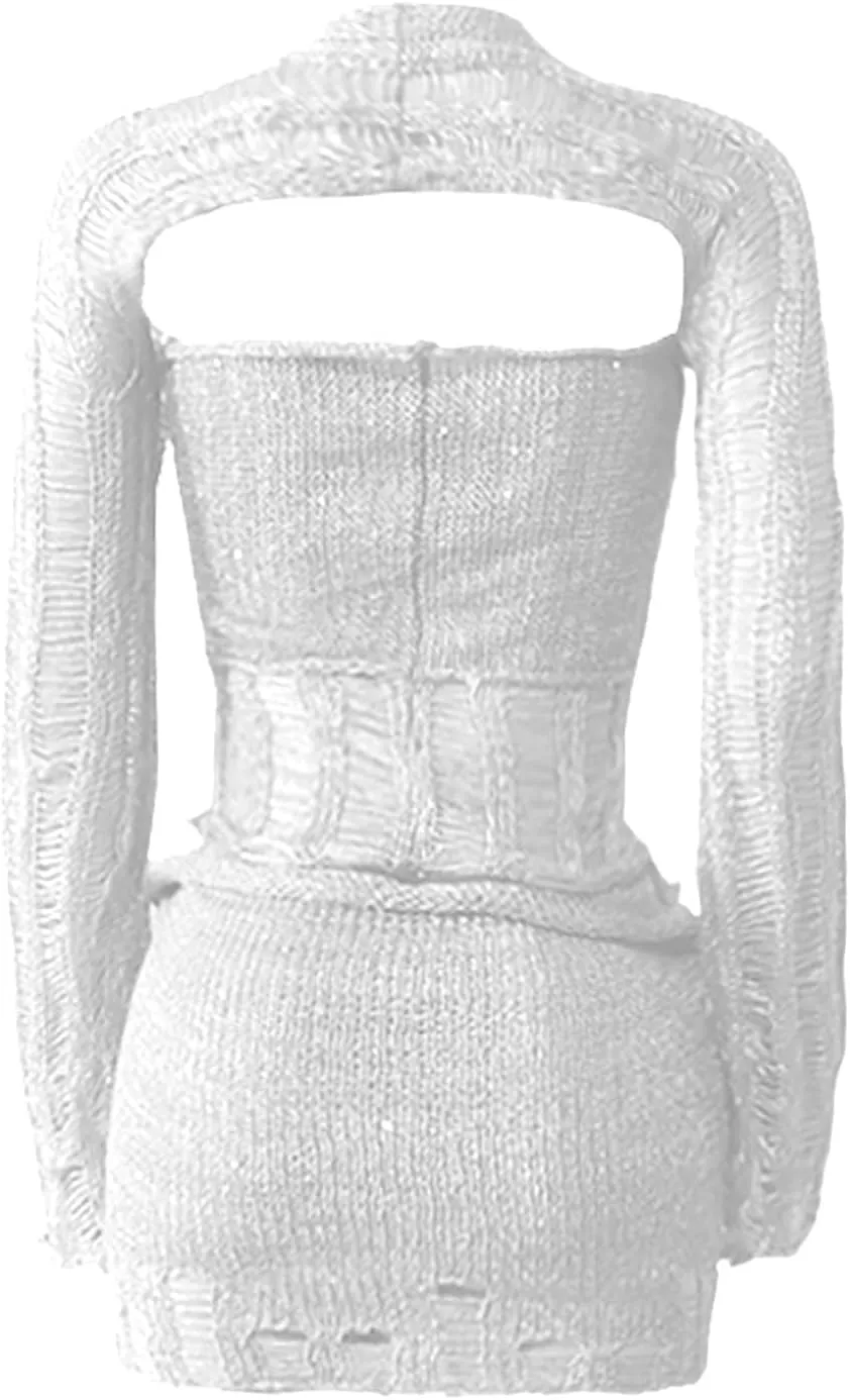 HGps8w Women's Crochet Knitted Two Piece Outfits, Sexy Hollow Out Sequins Crop Top and Mini Skirts Swimsuits Beachwear
