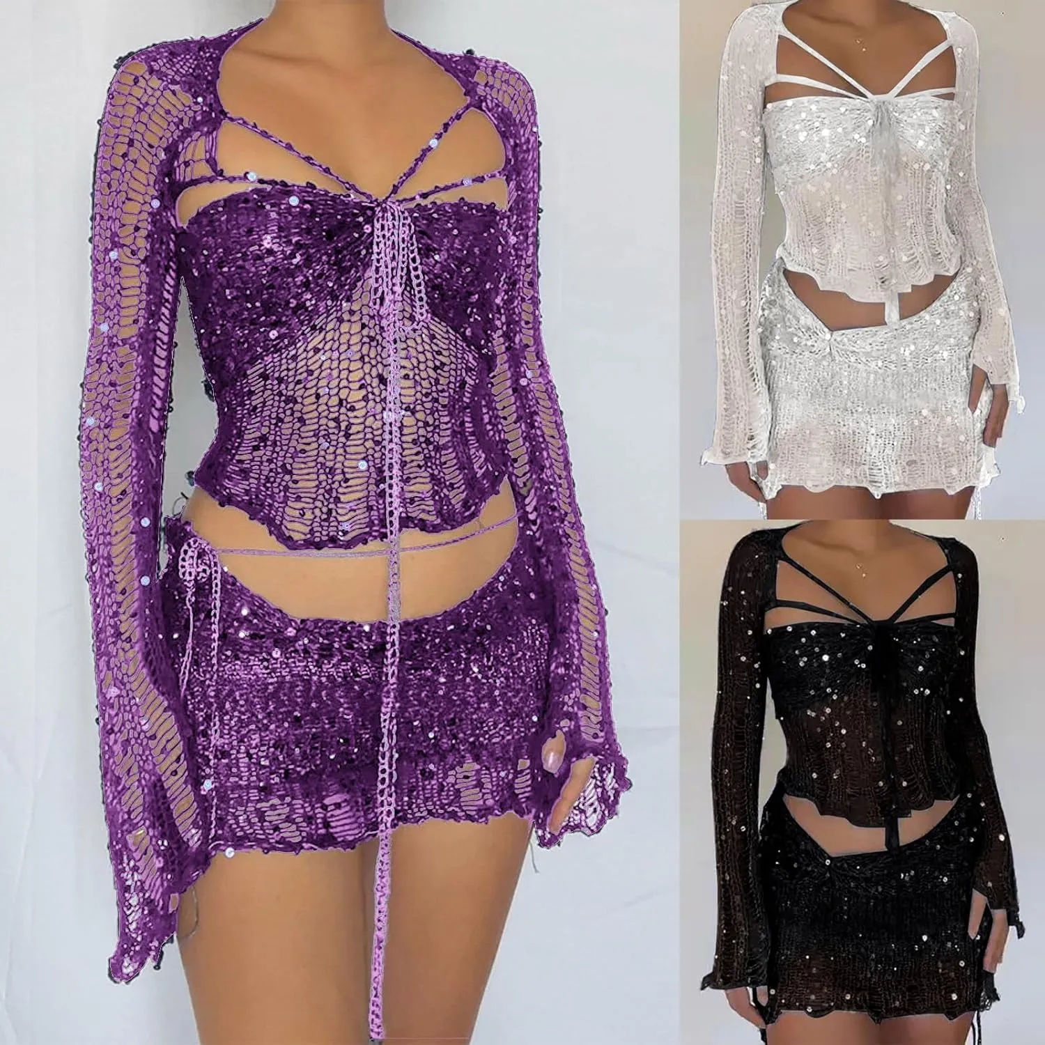 HGps8w Women's Crochet Knitted Two Piece Outfits, Sexy Hollow Out Sequins Crop Top and Mini Skirts Swimsuits Beachwear