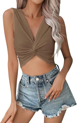 HGps8w Womens Twist Front Sexy Crop Summer Tank Tops - Sleeveless Fitted Deep V Neck Going Out Party Clubwear Tee Shirts