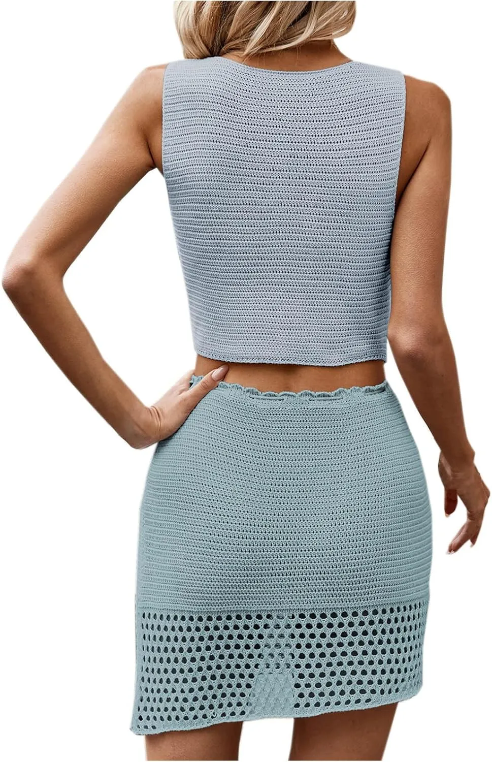 HGps8w Womens Y2k Crochet Knitted Two Piece Outfits Hollow Out Button Down Tank Top and High Waist Mini Skirt Beachwear