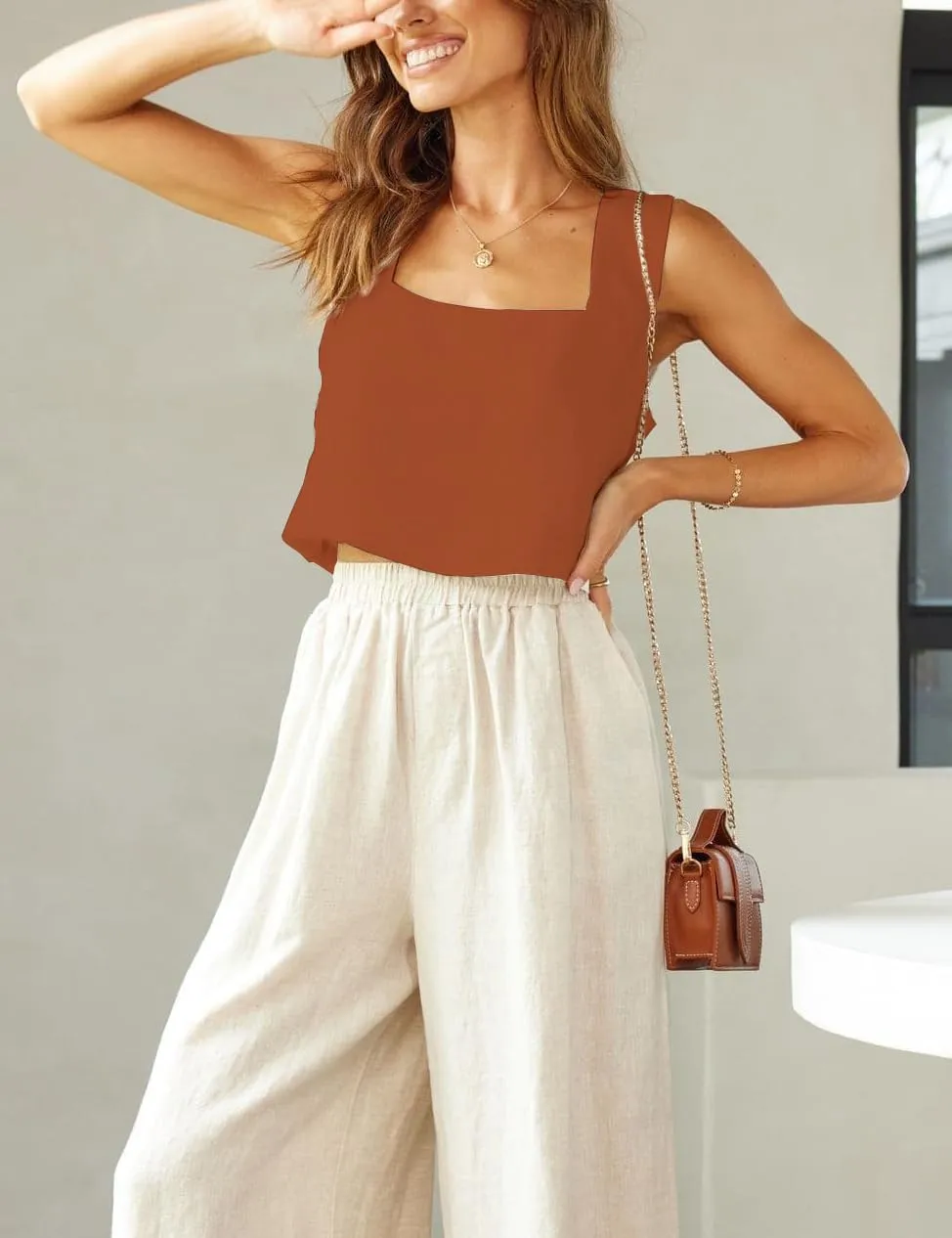 IDEALSANXUN Linen Crop Tank Tops for Women Summer Square Neck Sleeveless Casual Loose Cute Cotton Linen Tops