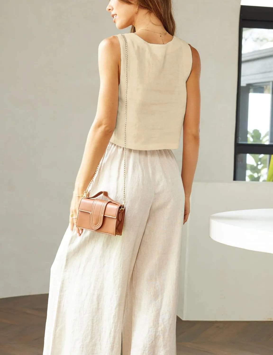 IDEALSANXUN Linen Crop Tank Tops for Women Summer Square Neck Sleeveless Casual Loose Cute Cotton Linen Tops