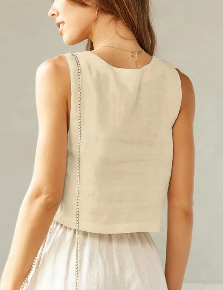 IDEALSANXUN Linen Crop Tank Tops for Women Summer Square Neck Sleeveless Casual Loose Cute Cotton Linen Tops