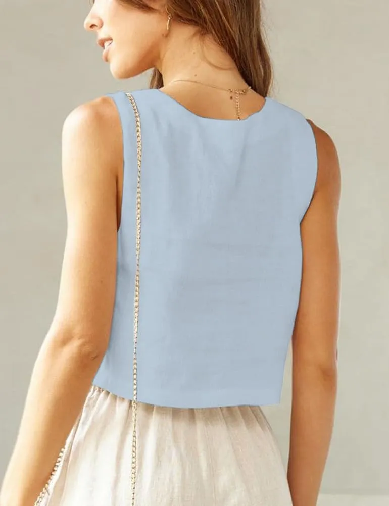 IDEALSANXUN Linen Crop Tank Tops for Women Summer Square Neck Sleeveless Casual Loose Cute Cotton Linen Tops