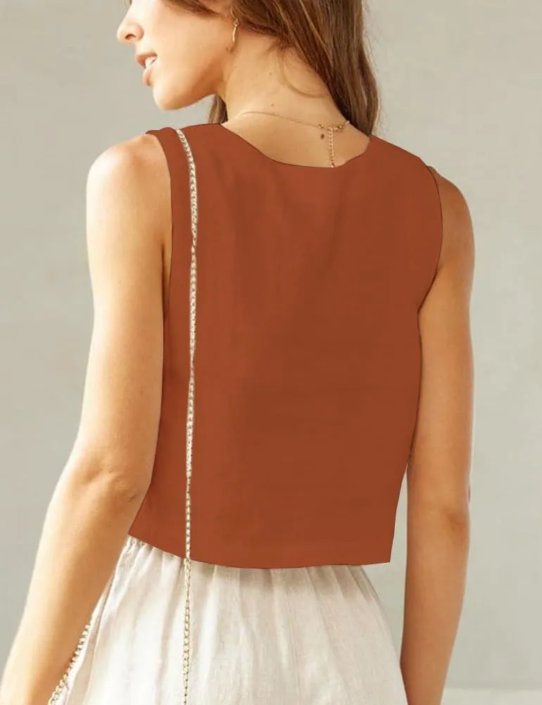 IDEALSANXUN Linen Crop Tank Tops for Women Summer Square Neck Sleeveless Casual Loose Cute Cotton Linen Tops