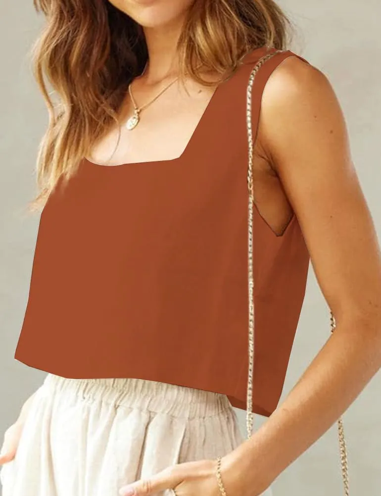 IDEALSANXUN Linen Crop Tank Tops for Women Summer Square Neck Sleeveless Casual Loose Cute Cotton Linen Tops