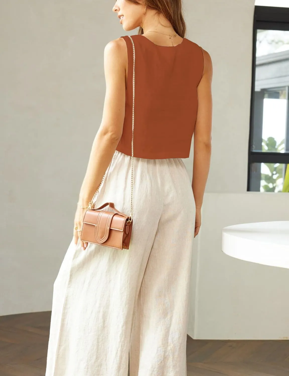 IDEALSANXUN Linen Crop Tank Tops for Women Summer Square Neck Sleeveless Casual Loose Cute Cotton Linen Tops