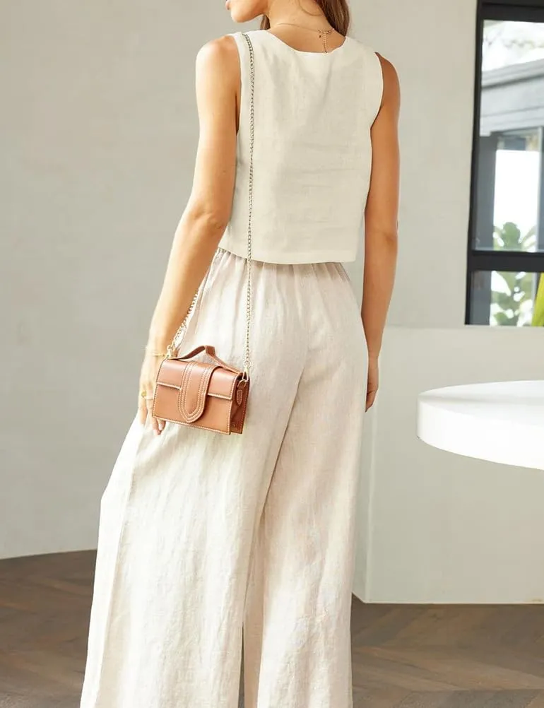 IDEALSANXUN Linen Crop Tank Tops for Women Summer Square Neck Sleeveless Casual Loose Cute Cotton Linen Tops