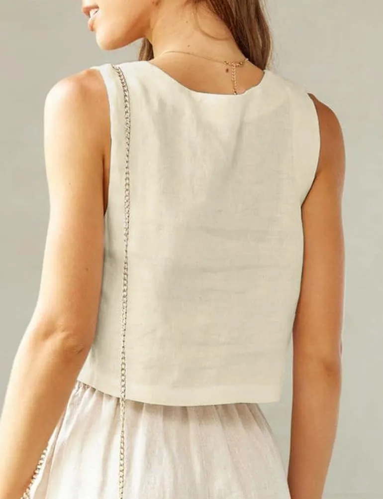 IDEALSANXUN Linen Crop Tank Tops for Women Summer Square Neck Sleeveless Casual Loose Cute Cotton Linen Tops