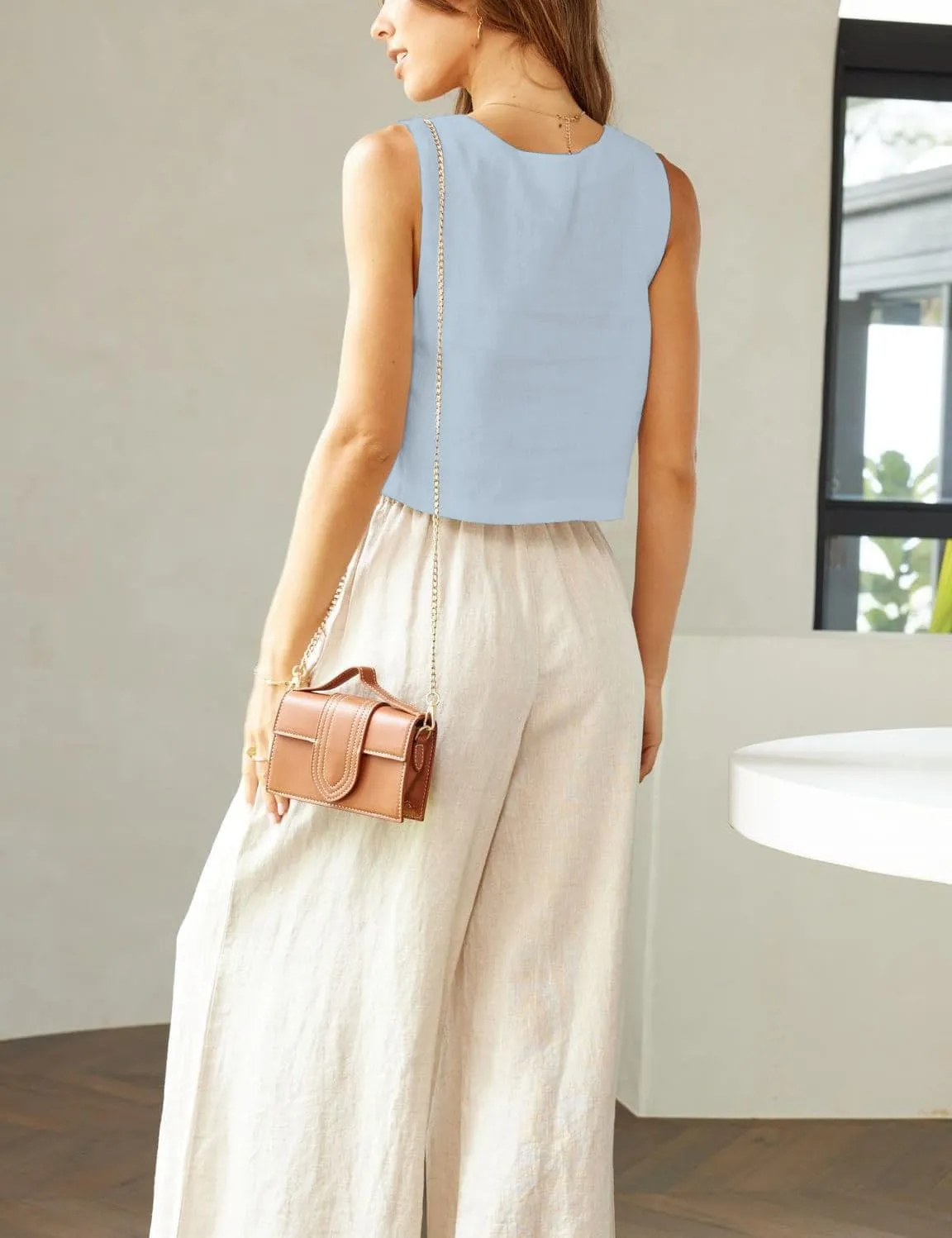 IDEALSANXUN Linen Crop Tank Tops for Women Summer Square Neck Sleeveless Casual Loose Cute Cotton Linen Tops