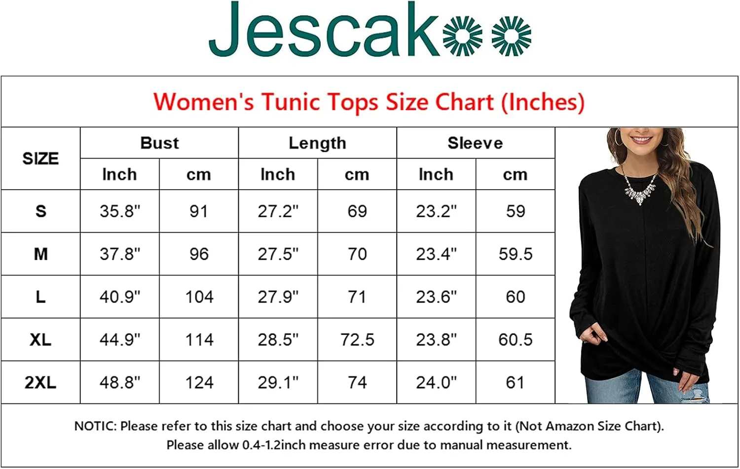Jescakoo Tunic Tops For Leggings For Women Twist Front Long Sleeve Crew Neck Shirts