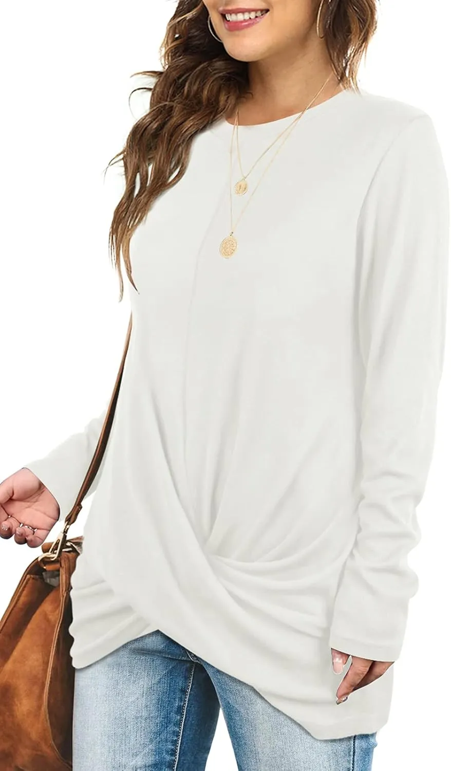 Jescakoo Tunic Tops For Leggings For Women Twist Front Long Sleeve Crew Neck Shirts
