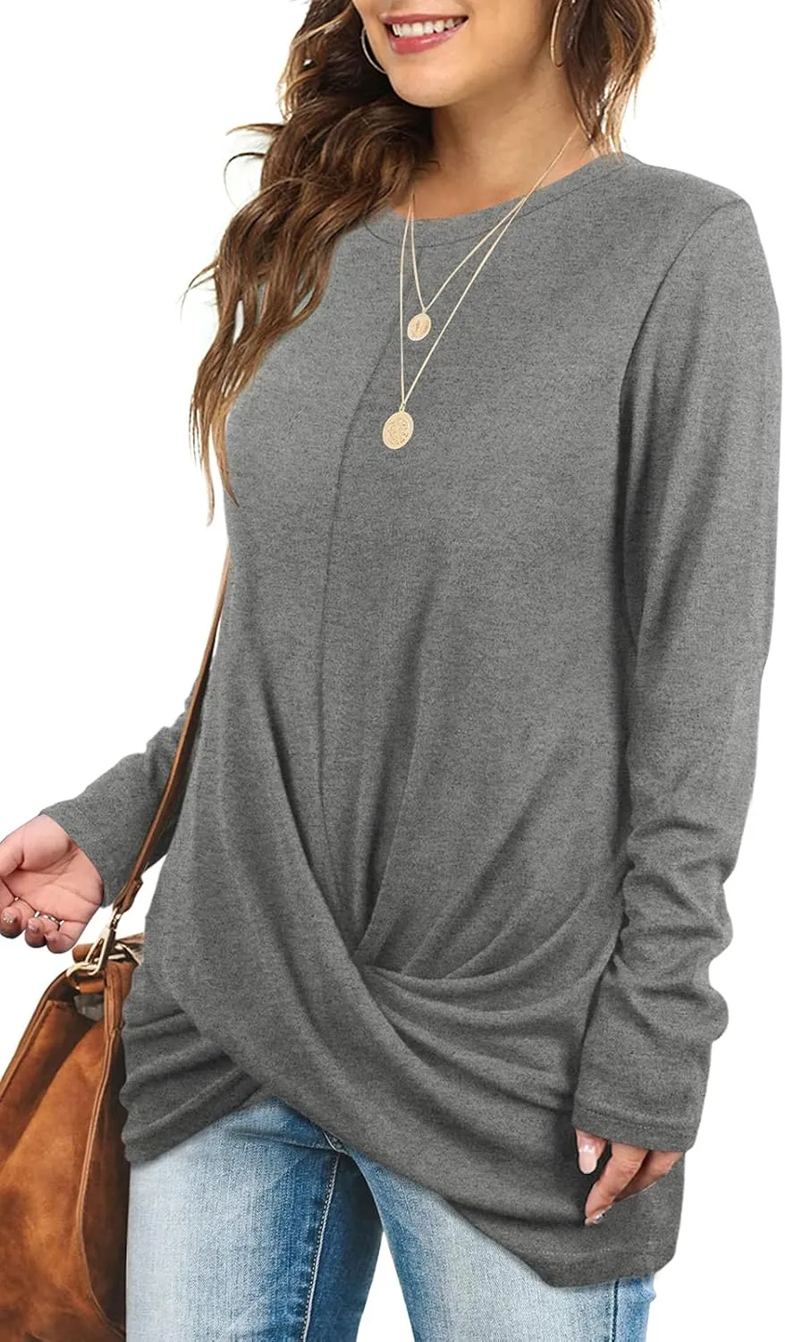 Jescakoo Tunic Tops For Leggings For Women Twist Front Long Sleeve Crew Neck Shirts