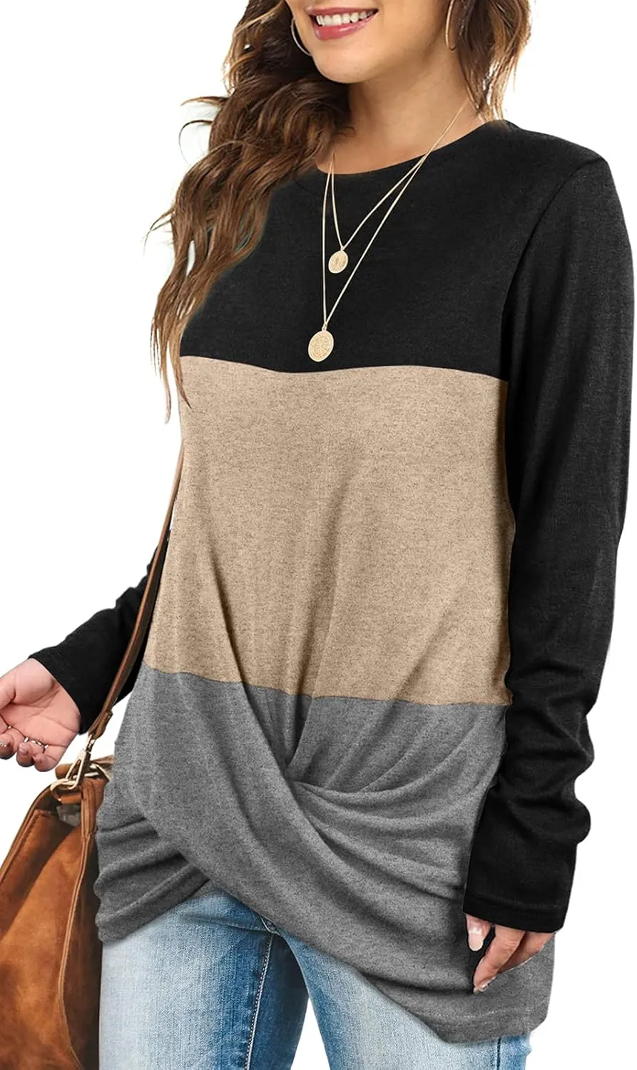 Jescakoo Tunic Tops For Leggings For Women Twist Front Long Sleeve Crew Neck Shirts
