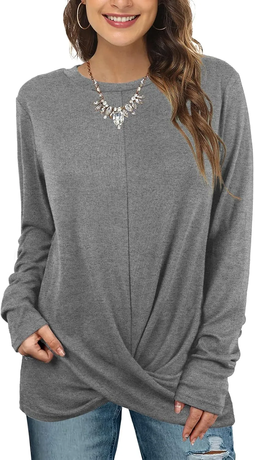 Jescakoo Tunic Tops For Leggings For Women Twist Front Long Sleeve Crew Neck Shirts