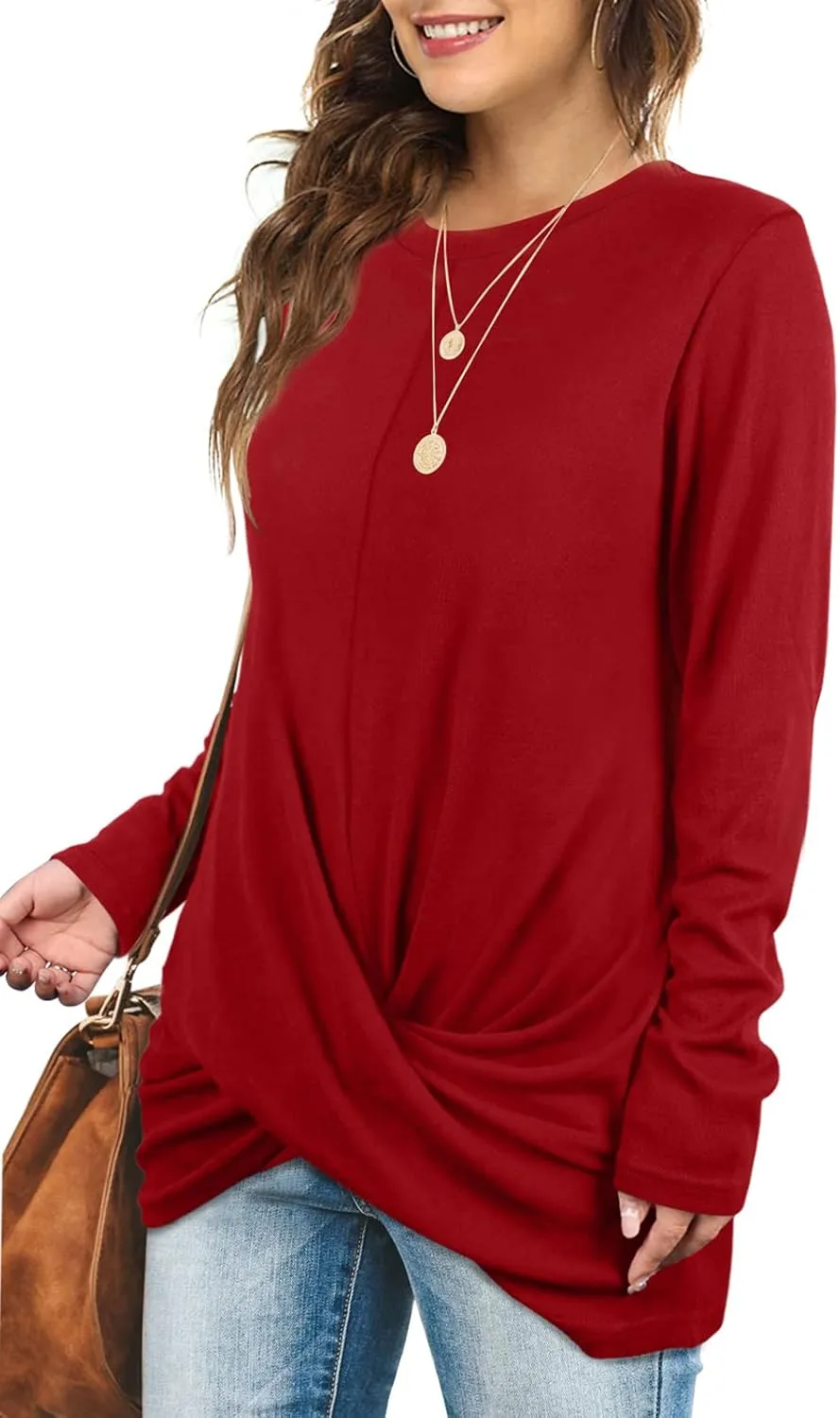 Jescakoo Tunic Tops For Leggings For Women Twist Front Long Sleeve Crew Neck Shirts