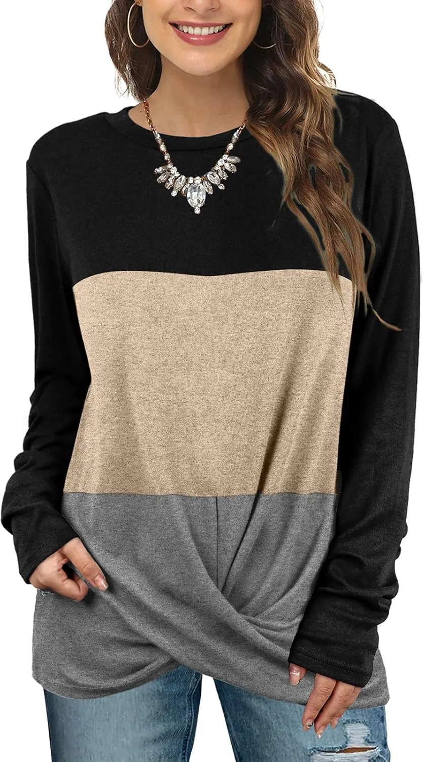 Jescakoo Tunic Tops For Leggings For Women Twist Front Long Sleeve Crew Neck Shirts