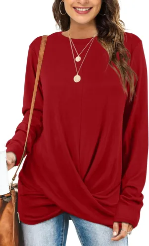 Jescakoo Tunic Tops For Leggings For Women Twist Front Long Sleeve Crew Neck Shirts