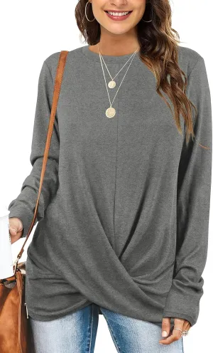 Jescakoo Tunic Tops For Leggings For Women Twist Front Long Sleeve Crew Neck Shirts