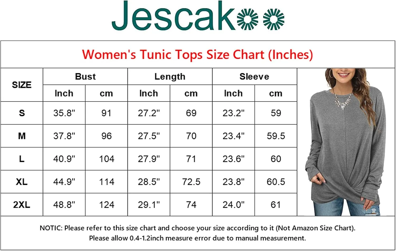 Jescakoo Tunic Tops For Leggings For Women Twist Front Long Sleeve Crew Neck Shirts