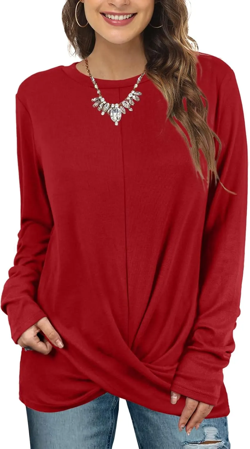 Jescakoo Tunic Tops For Leggings For Women Twist Front Long Sleeve Crew Neck Shirts