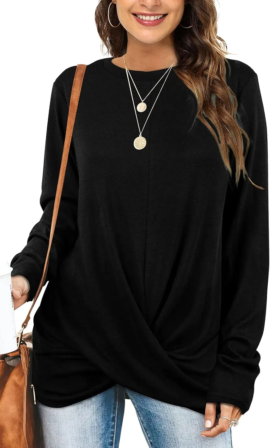 Jescakoo Tunic Tops For Leggings For Women Twist Front Long Sleeve Crew Neck Shirts