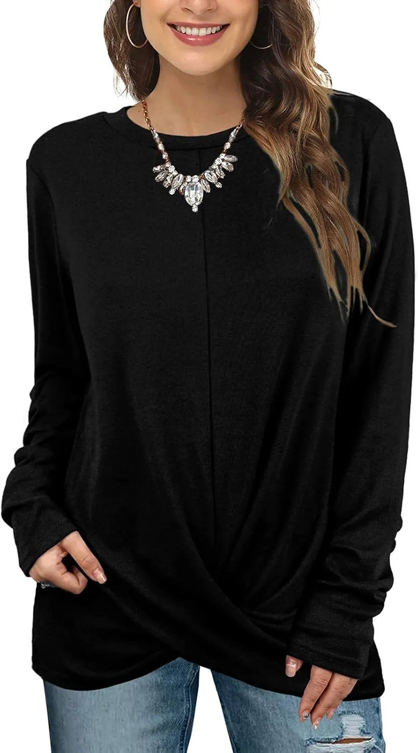 Jescakoo Tunic Tops For Leggings For Women Twist Front Long Sleeve Crew Neck Shirts