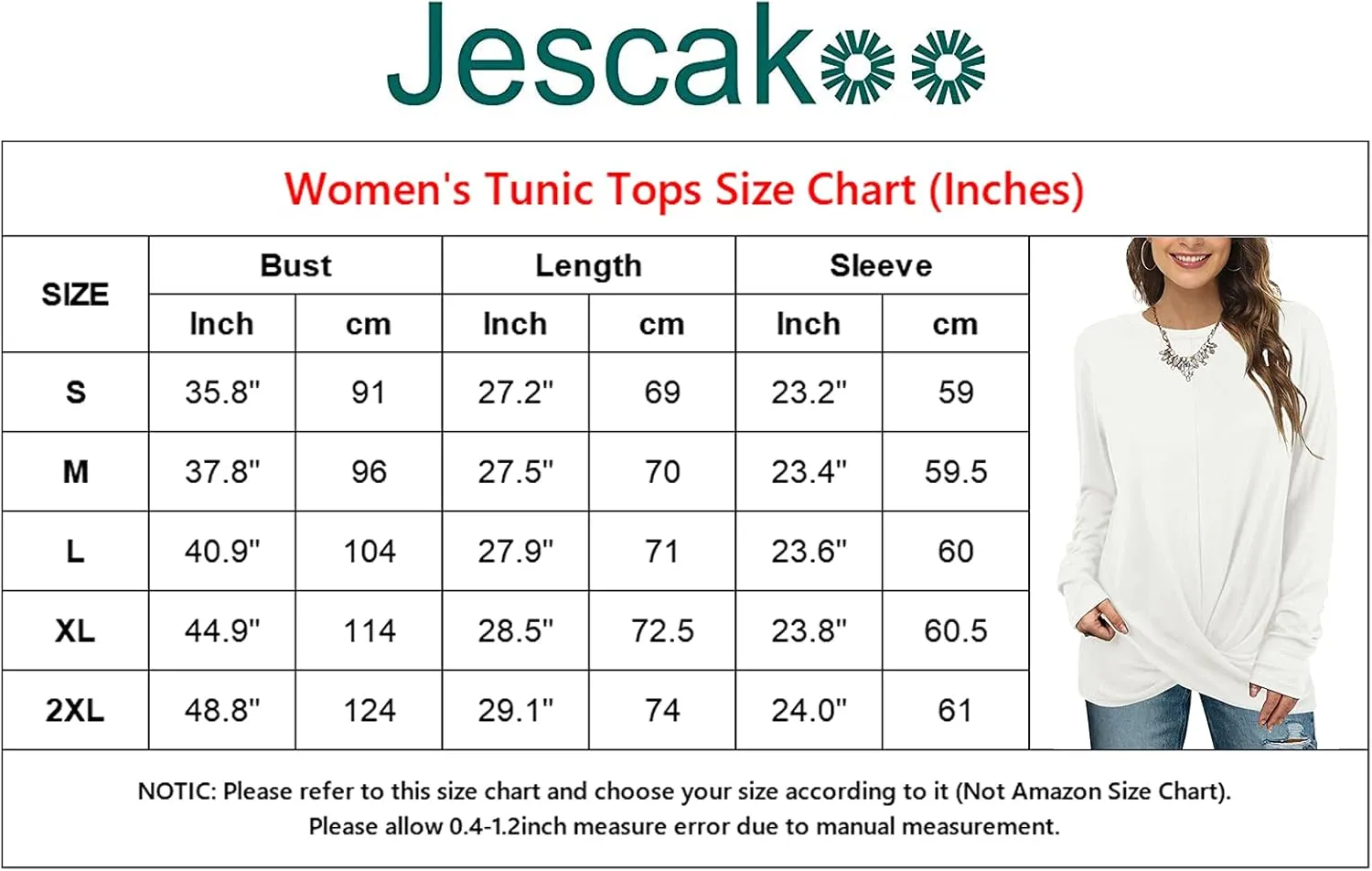 Jescakoo Tunic Tops For Leggings For Women Twist Front Long Sleeve Crew Neck Shirts