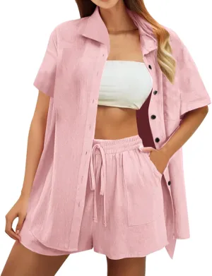 JiXiang Spring 2 Piece Outfits for Women 2025 Shorts Summer Linen Oversized Shirts Shorts Lounge Beach Vacation Tracksuits
