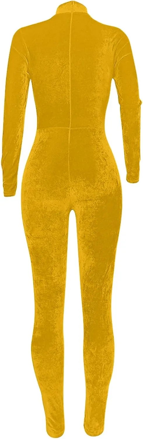 JOAU Casual Bodycon Jumpsuit for Women - Solid Color Zipper Mock Neck Long Sleeve Sexy Slim Fit Velvet Jumpsuits Rompers