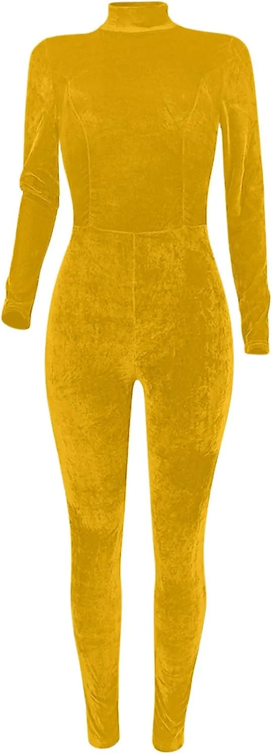 JOAU Casual Bodycon Jumpsuit for Women - Solid Color Zipper Mock Neck Long Sleeve Sexy Slim Fit Velvet Jumpsuits Rompers