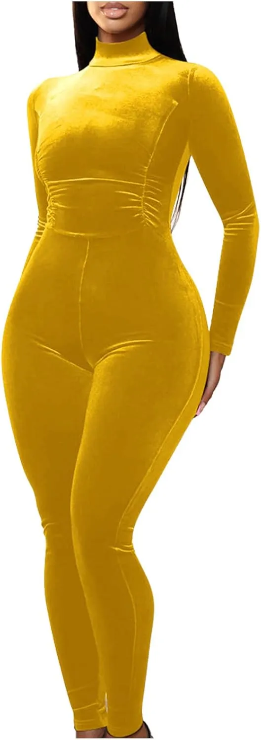 JOAU Casual Bodycon Jumpsuit for Women - Solid Color Zipper Mock Neck Long Sleeve Sexy Slim Fit Velvet Jumpsuits Rompers
