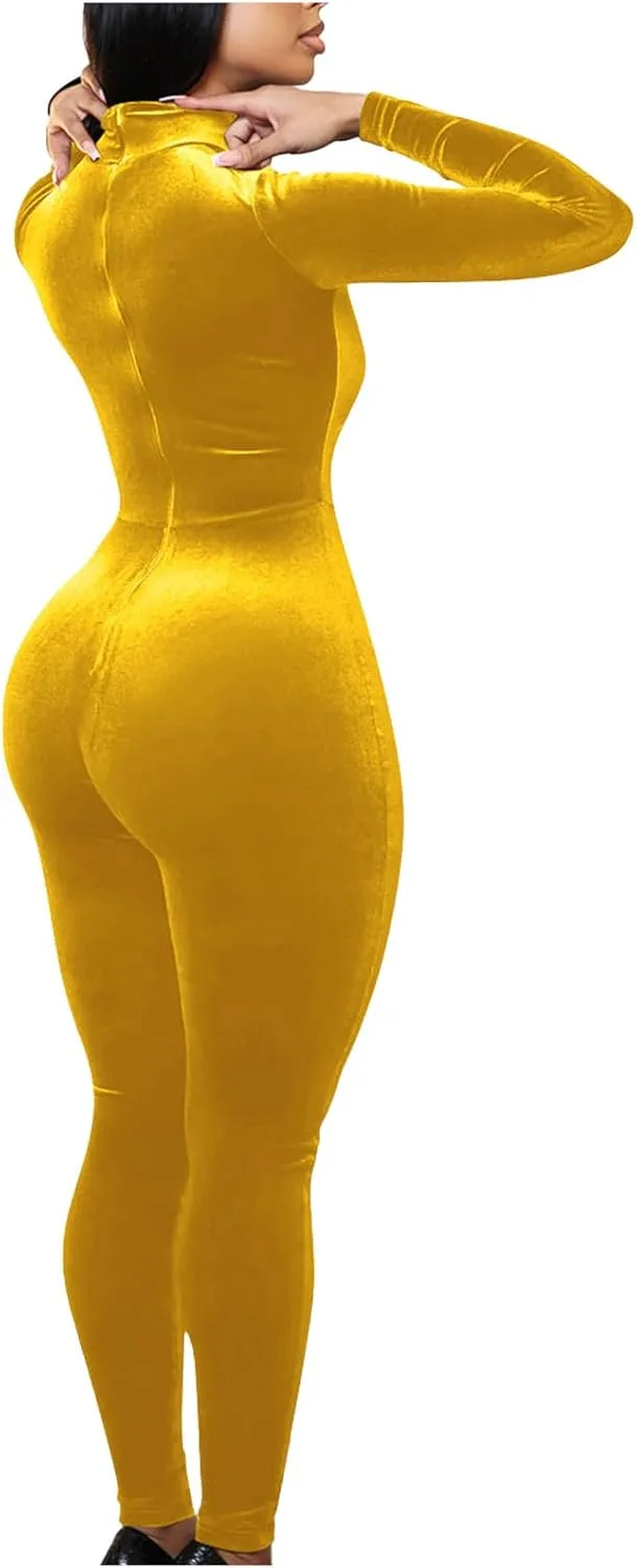 JOAU Casual Bodycon Jumpsuit for Women - Solid Color Zipper Mock Neck Long Sleeve Sexy Slim Fit Velvet Jumpsuits Rompers