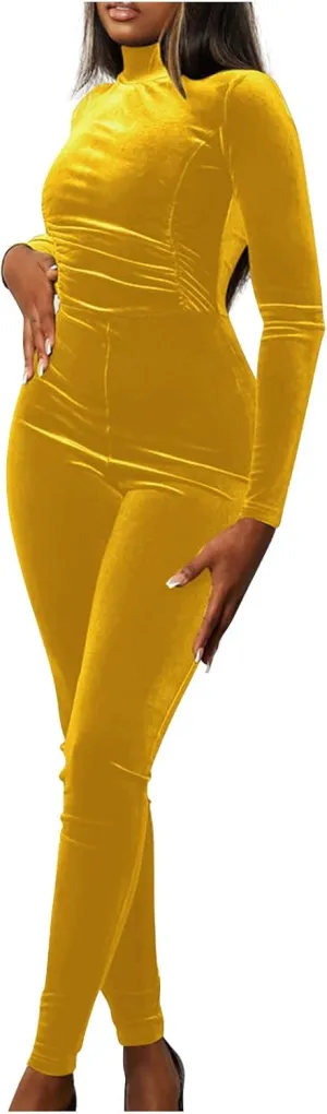 JOAU Casual Bodycon Jumpsuit for Women - Solid Color Zipper Mock Neck Long Sleeve Sexy Slim Fit Velvet Jumpsuits Rompers