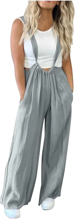 JOAU Summer Overalls Jumpsuit for Women Loose Casual Sleeveless Suspender Wide Leg Jumpsuits Rompers Streetwear with Pockets