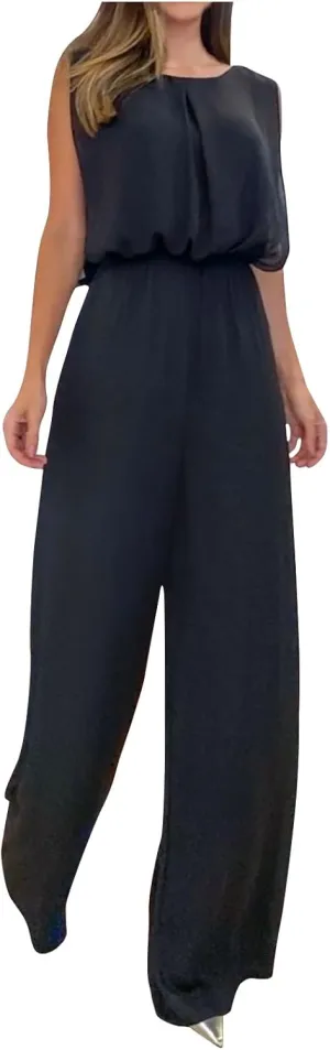 JOAU Women Summer Casual Sleeveless Wide Leg Long Pants Rompers Elastic High Waist Cut Out Backless One Piece Dressy Jumpsuit