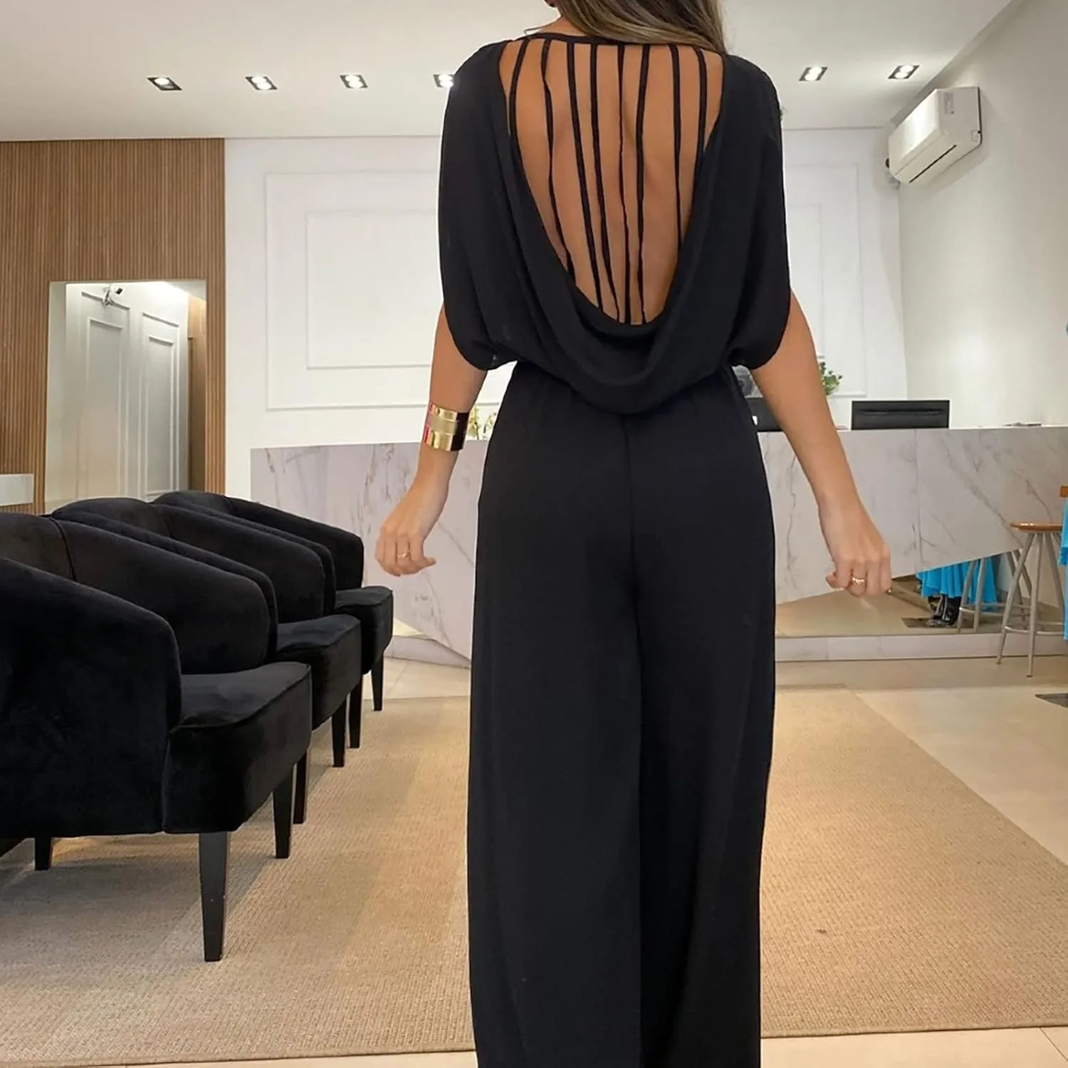 JOAU Women Summer Casual Sleeveless Wide Leg Long Pants Rompers Elastic High Waist Cut Out Backless One Piece Dressy Jumpsuit