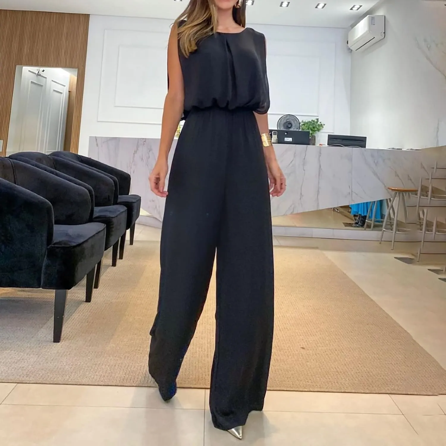 JOAU Women Summer Casual Sleeveless Wide Leg Long Pants Rompers Elastic High Waist Cut Out Backless One Piece Dressy Jumpsuit