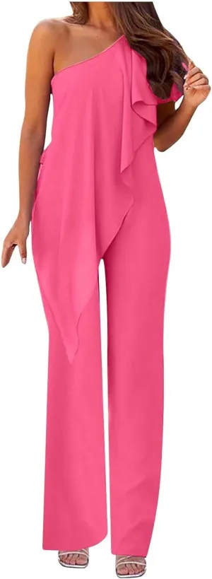 JOAU Women's 2024 Summer Casual Flowy One Shoulder Sleeveless High Waist Loose Wide Leg Elegant Dressy Jumpsuits Rompers