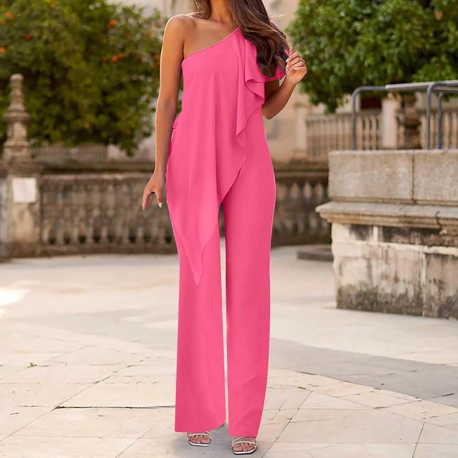 JOAU Women's 2024 Summer Casual Flowy One Shoulder Sleeveless High Waist Loose Wide Leg Elegant Dressy Jumpsuits Rompers