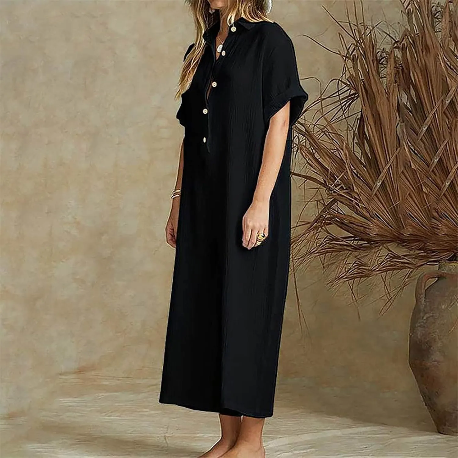 JOAU Women's Cotton Linen Jumpsuits Casual Summer Button Down Lapel Collar Short Sleeve Rompers Loose Baggy Capri Jumpers