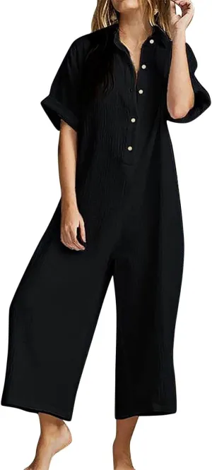 JOAU Women's Cotton Linen Jumpsuits Casual Summer Button Down Lapel Collar Short Sleeve Rompers Loose Baggy Capri Jumpers