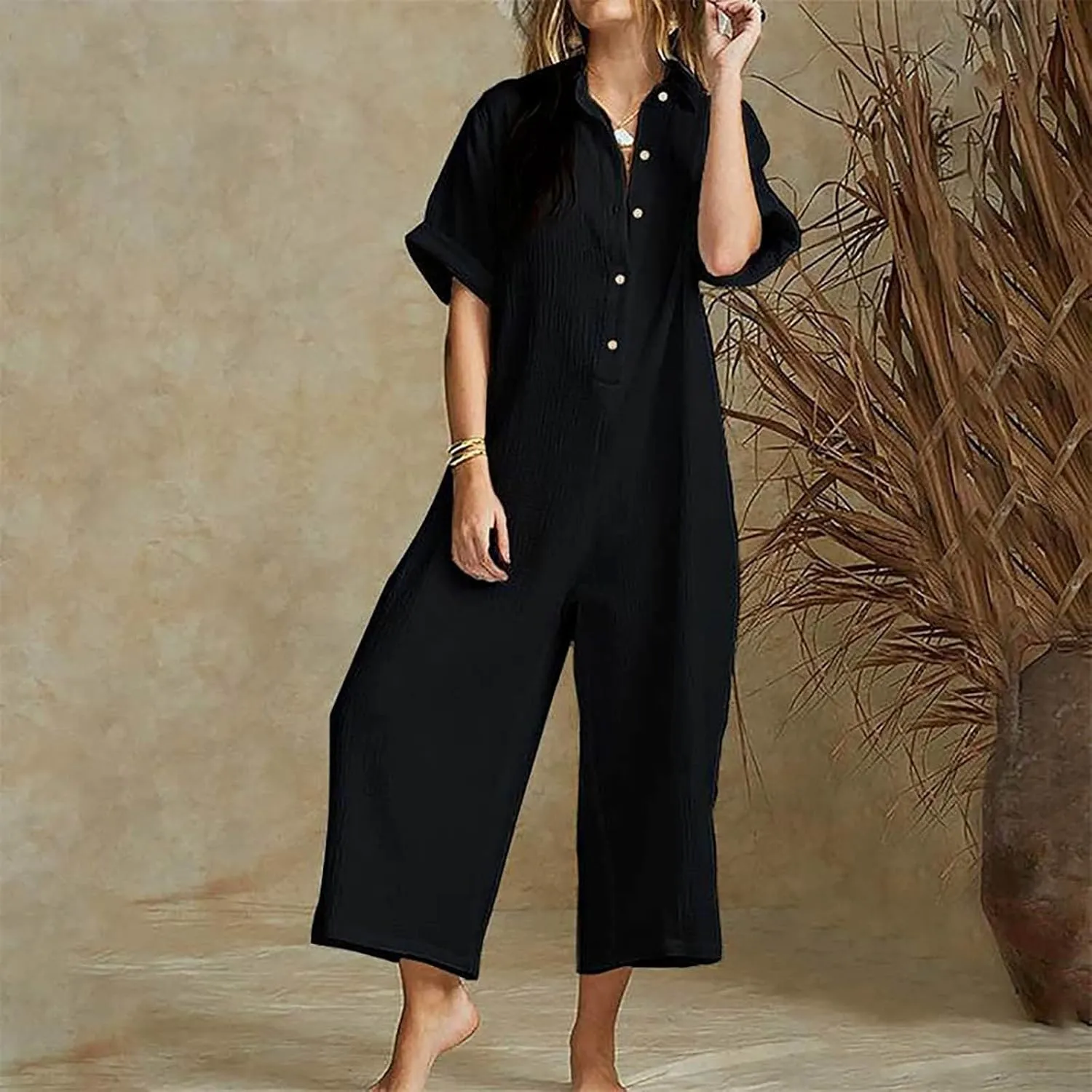 JOAU Women's Cotton Linen Jumpsuits Casual Summer Button Down Lapel Collar Short Sleeve Rompers Loose Baggy Capri Jumpers