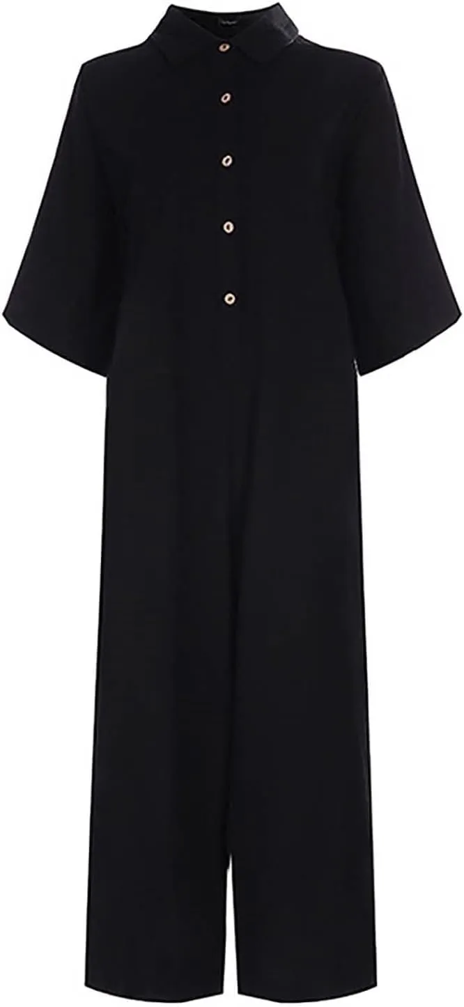 JOAU Women's Cotton Linen Jumpsuits Casual Summer Button Down Lapel Collar Short Sleeve Rompers Loose Baggy Capri Jumpers