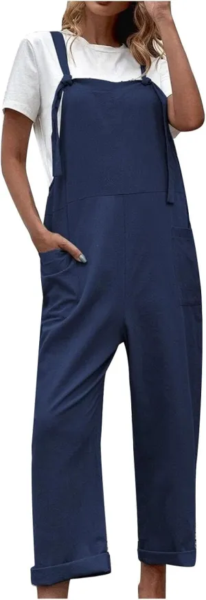 JOAU Women's Cotton Linen Overalls Casual Loose Sleeveless Adjustable Straps Summer Comfy Romper Jumpsuits with Pockets