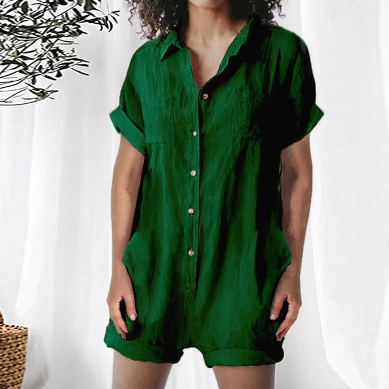 JOAU Women's Lapel Collar Button Down Cotton Linen Short Sleeve Jumpsuits Summer Casual Loose Shorts Rompers with Pockets